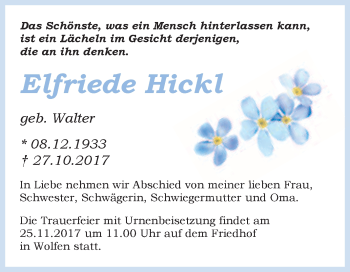 Traueranzeige von Elfriede Hickl von WVG - Wochenspiegel Bitterfeld