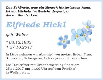 Traueranzeige von Elfriede Hickl von Mitteldeutsche Zeitung Bitterfeld