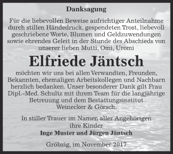 Traueranzeige von Elfriede Jäntsch von Super Sonntag Bernburg