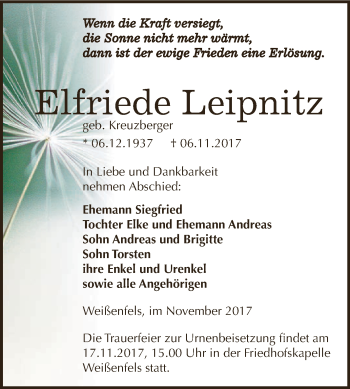 Traueranzeige von Elfriede Leipnitz von WVG - Wochenspiegel NMB / WSF / ZTZ