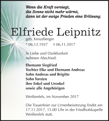 Traueranzeige von Elfriede Leipnitz von Mitteldeutsche Zeitung Weißenfels
