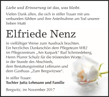 Traueranzeige von Elfriede Nenz von WVG - Wochenspiegel Wittenberg