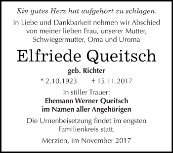 Traueranzeige von Elfriede Queitsch von WVG - Wochenspiegel Dessau / Köthen