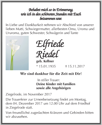 Traueranzeige von Elfriede Riedel von Mitteldeutsche Zeitung