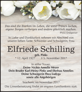 Traueranzeige von Elfriede Schilling von Mitteldeutsche Zeitung Weißenfels