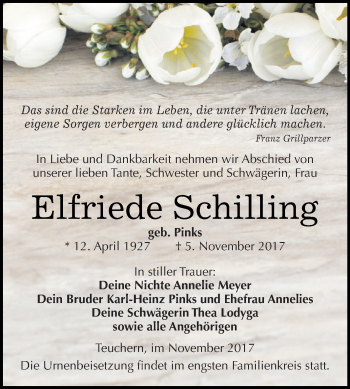 Traueranzeige von Elfriede Schilling von WVG - Wochenspiegel NMB / WSF / ZTZ