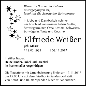 Traueranzeige von Elfriede Weißer von Mitteldeutsche Zeitung Bitterfeld