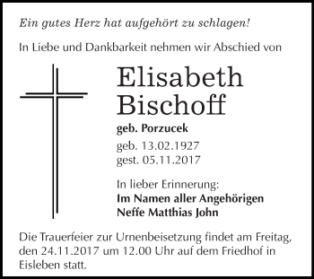 Traueranzeige von Elisabeth Bischoff von Wochenspiegel Mansfelder Land
