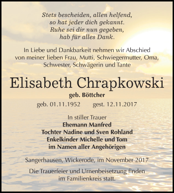Traueranzeige von Elisabeth Chrapkowski von Super Sonntag SGH Mansf. Land