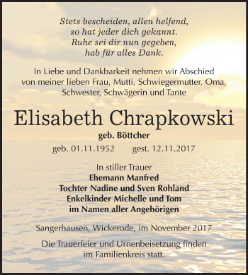 Traueranzeige von Elisabeth Chrapkowski von Mitteldeutsche Zeitung