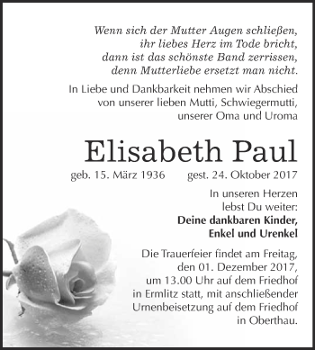 Traueranzeige von Elisabeth Paul von Super Sonntag Merseburg