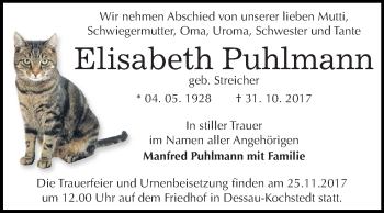 Traueranzeige von Elisabeth Puhlmann von WVG - Wochenspiegel Dessau / Köthen