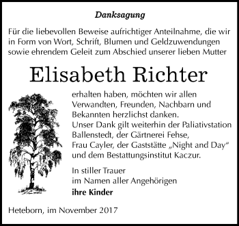 Traueranzeige von Elisabeth Richter von Mitteldeutsche Zeitung Quedlinburg