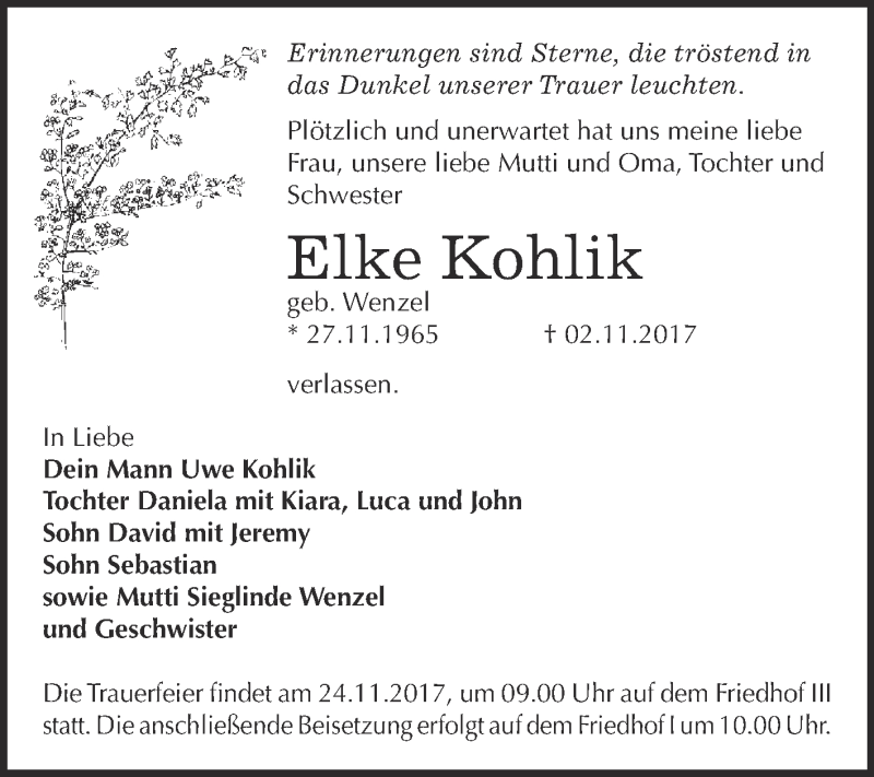  Traueranzeige für Elke Kohlik vom 11.11.2017 aus WVG - Wochenspiegel Dessau / Köthen