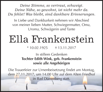 Traueranzeige von Ella Frankenstein von Mitteldeutsche Zeitung Merseburg/Querfurt