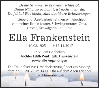 Traueranzeige von Ella Frankenstein von Super Sonntag Merseburg