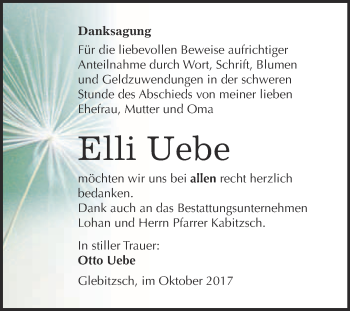 Traueranzeige von Elli Uebe von WVG - Wochenspiegel Bitterfeld