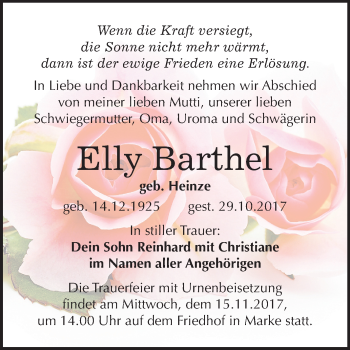 Traueranzeige von Elly Barthel von Mitteldeutsche Zeitung Bitterfeld