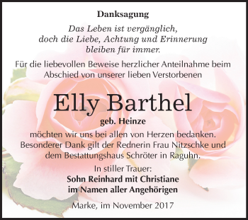 Traueranzeige von Elly Barthel von Mitteldeutsche Zeitung Bitterfeld