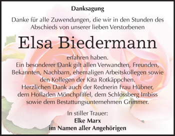 Traueranzeige von Elsa Biedermann von Mitteldeutsche Zeitung Sangerhausen