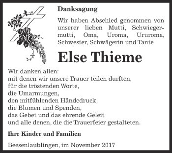 Traueranzeige von Else Thieme von Super Sonntag Bernburg