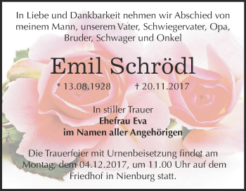 Traueranzeige von Emil Schrödl von Super Sonntag Bernburg