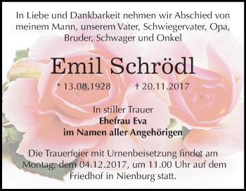 Traueranzeige von Emil Schrödl von Mitteldeutsche Zeitung Bernburg
