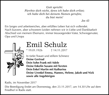 Traueranzeige von Emil Schulz von WVG - Wochenspiegel Wittenberg