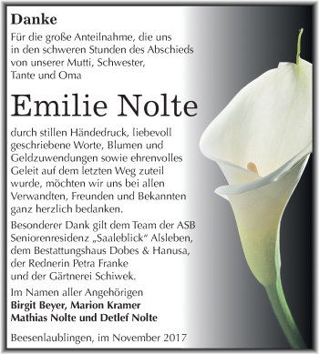 Traueranzeige von Emilie Nolte von Mitteldeutsche Zeitung Bernburg