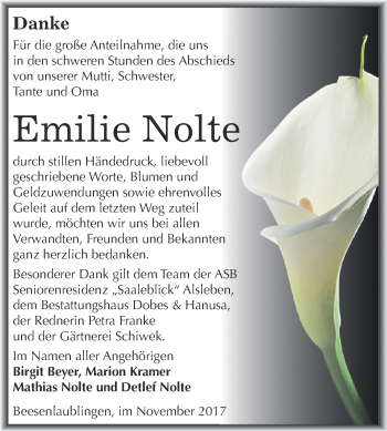Traueranzeige von Emilie Nolte von Super Sonntag Bernburg