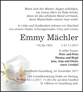 Traueranzeige von Emmy Mächler von Mitteldeutsche Zeitung
