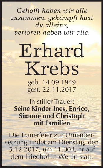 Traueranzeige von Erhard Krebs von Mitteldeutsche Zeitung Halle/Saalkreis