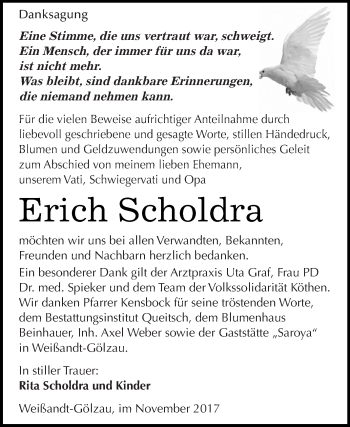 Traueranzeige von Erich Scholdra von WVG - Wochenspiegel Dessau / Köthen