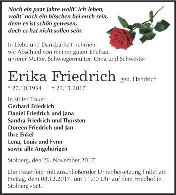 Traueranzeige von Erika Friedrich von Super Sonntag SGH Mansf. Land