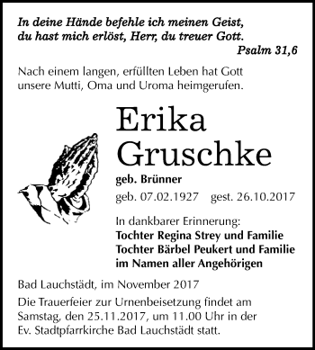 Traueranzeige von Erika Gruschke von WVG - Wochenspiegel Merseburg
