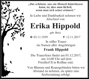 Traueranzeige von Erika Hippold von WVG - Wochenspiegel Dessau / Köthen