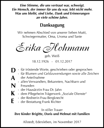 Traueranzeige von Erika Hohmann von Mitteldeutsche Zeitung Sangerhausen