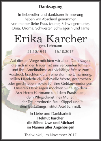 Traueranzeige von Erika Karcher von WVG - Wochenspiegel NMB / WSF / ZTZ