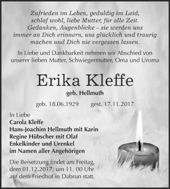 Traueranzeige von Erika Kleffe von WVG - Wochenspiegel Wittenberg