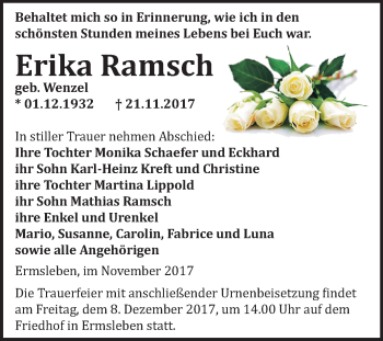 Traueranzeige von Erika Ramsch von Mitteldeutsche Zeitung Quedlinburg