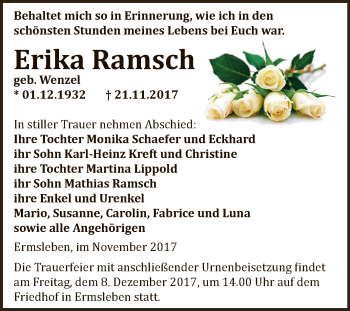 Traueranzeige von Erika Ramsch von Super Sonntag Aschersleben