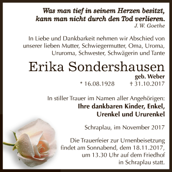 Traueranzeige von Erika Sondershausen von Wochenspiegel Mansfelder Land