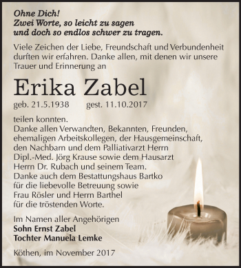 Traueranzeige von Erika Zabel von Mitteldeutsche Zeitung Köthen