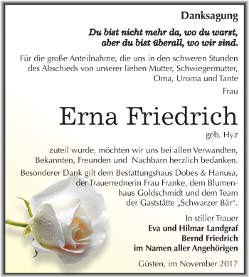 Traueranzeige von Erna Friedrich von Mitteldeutsche Zeitung Bernburg