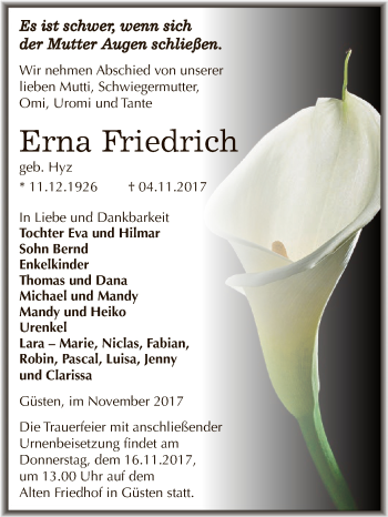 Traueranzeige von Erna Friedrich von Super Sonntag Bernburg