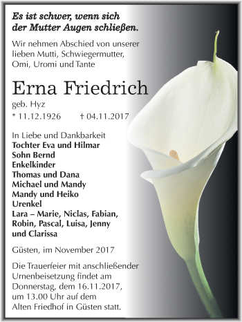 Traueranzeige von Erna Friedrich von Mitteldeutsche Zeitung Bernburg