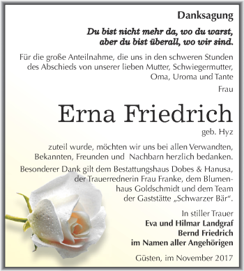 Traueranzeige von Erna Friedrich von Super Sonntag Bernburg