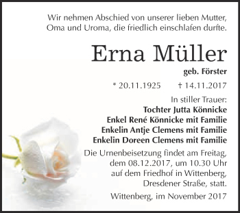 Traueranzeige von Erna Müller von WVG - Wochenspiegel Wittenberg