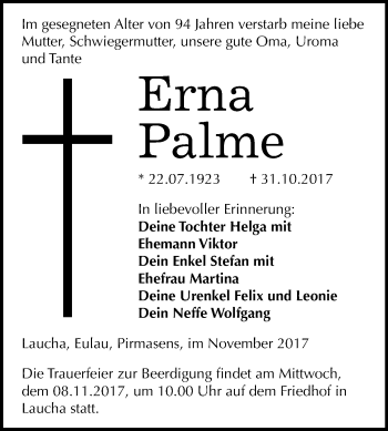 Traueranzeige von Erna Palme von Mitteldeutsche Zeitung