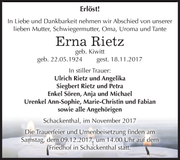 Traueranzeige von Erna Rietz von Mitteldeutsche Zeitung Aschersleben
